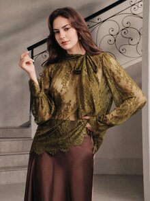 Anewsta Women's Autumn Lace Floral Vintage Green Minimalist Blouse - Army Green - View 5