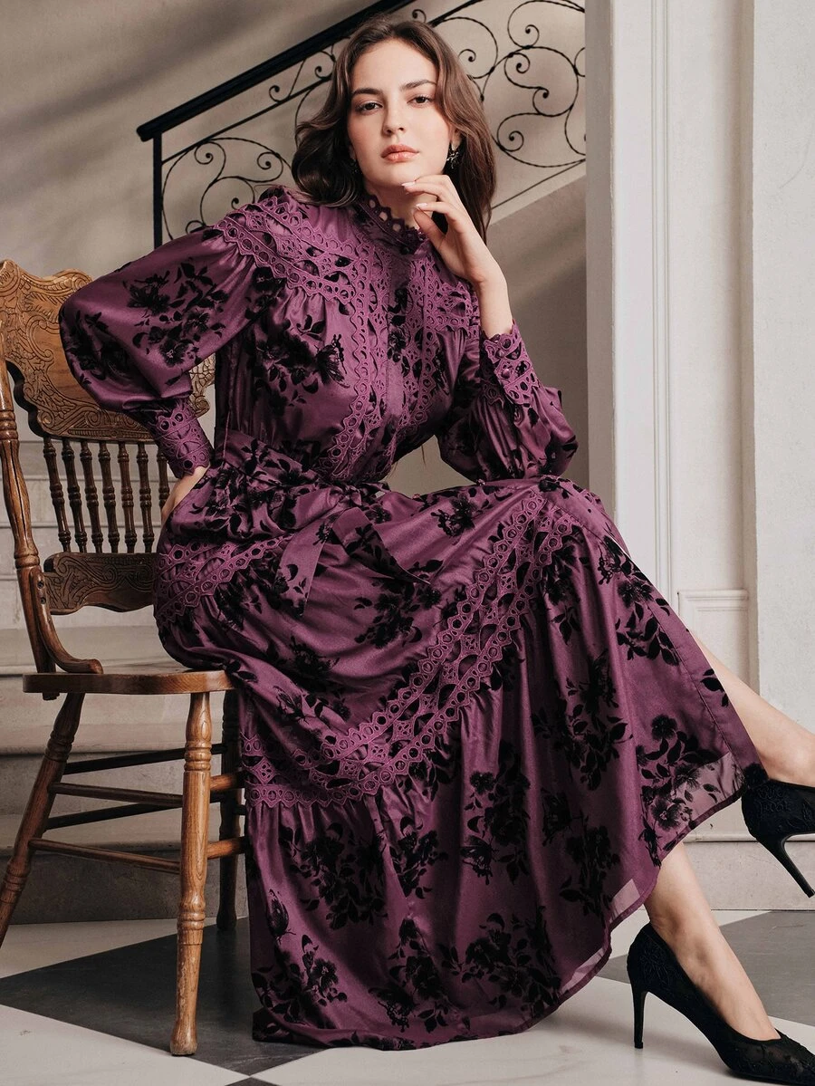 Anewsta Autumn/Winter Fashion New Satin Layered Flocked Floral Patchwork Multi-Layer Ruffle Small Stand Collar Long Sleeve Dress - Purple - View 1