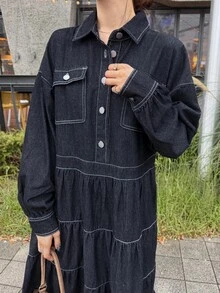 FRIFUL Women's Pleated Casual Daily Summer Denim Dress - Black - View 7