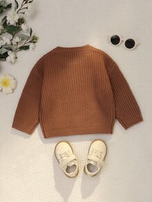 SHEIN 嬰兒幼兒圓領針織毛衣，卡通恐龍刺繡寬鬆套頭上衣，柔軟舒適休閒針織開襟衫，適合男孩女孩，復古焦糖色百搭外套與內搭毛衣 - 卡其色 - 查看 2