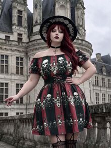 Whyspr Gaun Ukuran Plus Terbaru untuk Halloween, Model A-Line dengan Motif Tengkorak, Bahu Terbuka, Patchwork Renda, dan Potongan Pinggang yang Mengencangkan. - MultiWarna - View 3