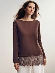 Briarwyn Elegant Solid Color Lace Patchwork Boat Neck Long Sleeve Women's T-Shirt - Coffee Brown - View 4