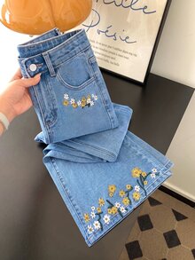 GlowEve Women's Casual Daily Denim Jeans With Pocket, Button And Floral Embroidery Pattern - Blue - View 3
