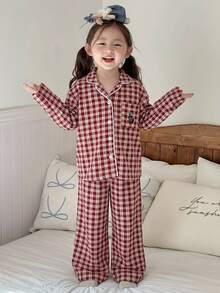 Dazy Kids 女童秋季小格紋刺繡長袖居家休閒套裝 - 藍白色 - 查看 4
