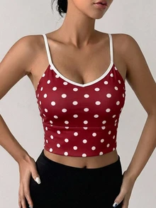 DAZY Polka Dot All-Over Print Contrast Color Strap Padded Sports Bra For Women - Burgundy - View 5
