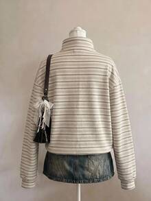 SHEIN EZwear 大尺碼女款休閒半拉鍊條紋圖案寬鬆衛衣，Y2K風格，復古街頭風，適合日常通勤、約會、聚會，秋冬穿著 - 白色 - 查看 2
