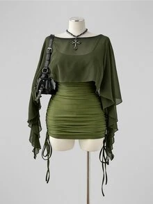 Sunspun Plus Size Spring/Summer Sheer Top & Fitted Drawstring Cami Dress 2 Pieces Set - Army Green - View 4
