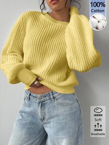 SHEIN BASICS 女款極簡舒適長袖毛衣，適合日常穿著 - 淡黃色 - 查看 4