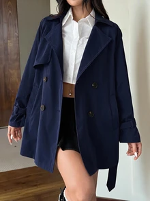 SHEIN EZwear 女款新款純色雙排扣休閒中長款風衣 - 藏蓝色 - 查看 4