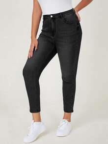 Jeanoix Celana Jeans Denim Kasual Wanita Ukuran Besar untuk Perjalanan Sehari-hari dengan Saku dan Kancing - Hitam - View 5
