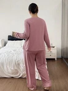 Napfluff CURVE Napfluff CURVE Contrast Color Lace Trim V-Neck Loose Long Sleeve Pants Pajama Set Plus Size - Multicolor - View 2