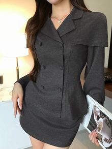 DAZY Autumn/Winter Double-Breasted Shawl Collar Waist-Cinching Wool Blazer & Bodycon Short Skirt Elegant Commute Date Office Women 2 Pieces Set - Grey - View 1