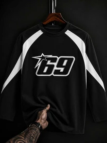 Manfinity Dauomo American Racing Style Star & 69 Number Print Long Sleeve T-Shirt, Men's Black & White Contrast Raglan Loose Streetwear Y2K Crew Neck Top - Black - View 3