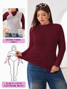 Solflare Plus Size Autumn/Winter Burgundy Ribbed Frill Trim T-Shirt - Burgundy - View 1