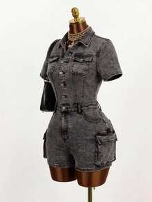Mistrie Women's Short Sleeve Single-Breasted Cargo Pocket Casual Denim Romper - Grey - View 4