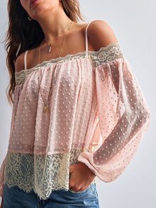 Willow Rêve Women's Chiffon Cut-Out Contrast Lace Long Sleeve Pink Camisole Top - Pink - View 1