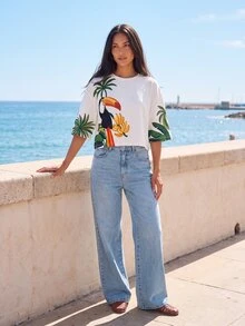 CAJUNI Women's Beach Vacation Palm Tree Print Round Neck Short Sleeve Casual Tropical T-Shirt White Summer - Multicolor - View 5