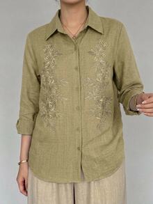 DAZY Spring/Summer Women's Casual Lace Patchwork Blouse - Army Green - View 5