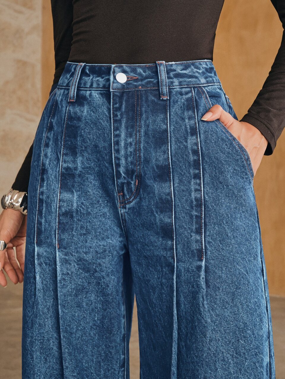Women's New Fashion Casual Design Patchwork Blue Straight Leg Pants