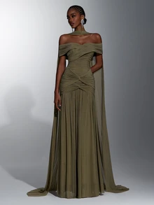 Elitara Elegant Green Minimalist Off-Shoulder Slimming Ruched Asymmetrical A-Line Dress With Waist Twist (Includes Detachable Halter Neck Drape) Suitable For Weddings, Formal Events And Heavy-Embellished Evening Gowns - Olive Green - View 3