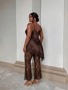 Firerie Plus Size Women Solid Color Contrast Lace Asymmetric Hem Camisole Top And Flare Pants Elegant Set - Coffee Brown - View 2