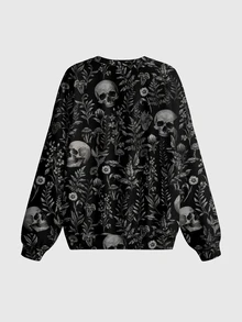 ROMWE Gothic Dark Forest Skull Gothic Pullover Sweatshirt Plus Size - Black - View 2