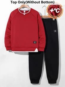 SHEIN 兒童青少年男孩紅白條紋套頭衫，秋季休閒開學圓領寬鬆對比色拼接長袖針織運動衫 - 紅色 - 查看 1
