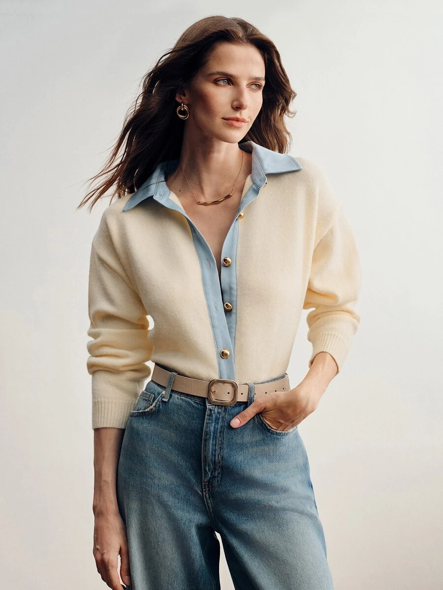 Briarwyn Women's Chic Knitted Cardigan With Light Blue Collar Patchwork And Gold Buttons Casual Long Sleeve Cardigan Sweater ,Versatile Daily Wear Cardigan - White - View 1