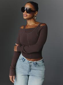 NYA SZN Project NYA Top Long Sleeve Layered Cold Shoulder Everyday Luxury Club Rave Classic Sexy Basic Chic Casual Festival Going Out Brown Neutral Fall Winter - Coffee Brown - View 1