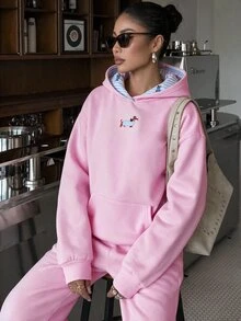 SHEIN 青少年女孩豹紋英文字母連帽寬鬆休閒衛衣 - 粉色 - 查看 6
