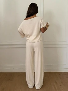 Siren Gaze Women's Casual One-Shoulder Short Sleeve T-Shirt And Straight Leg Pants Two Pieces Set, Pants Set, Autumn Clothing, Suitable For Daily Commute, Gathering, Summer, Christmas, New Year, Thanksgiving, Party, Wedding, Beach, Outing, Date, Valentine's Day, Elegant, Vacation, Y2K - Apricot - View 7