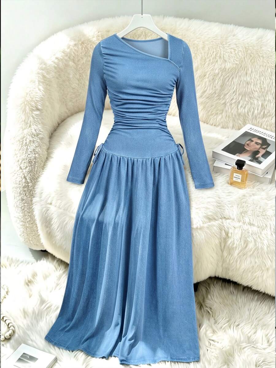 GlowEve Women's Fashion Asymmetrical Neckline Ruched Denim Dress - Blue - View 1