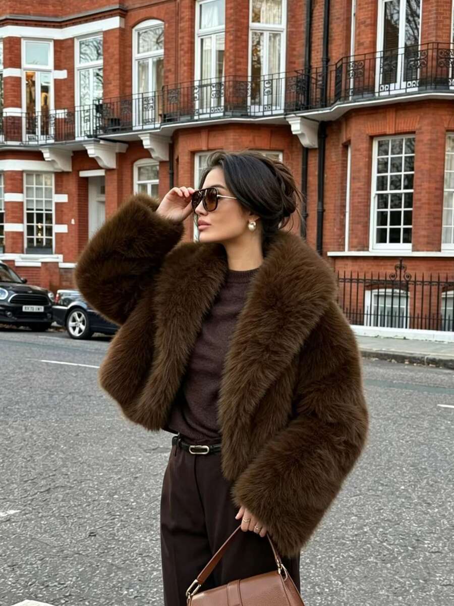Pariaura New Winter Brown Long Sleeve Women's Faux Fur Coat - Brown - View 1
