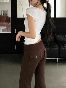 DAZY Women's Solid Color Flared Korean Style Teenager Internet Aesthetic Long Pants - Khaki - View 3