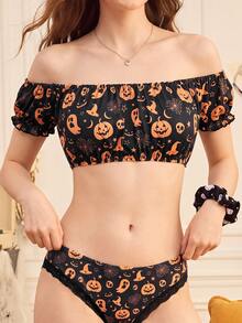 Notgurli 1pc Women's Halloween Quirky Print Off-Shoulder Strap Bra - Multicolor - View 5