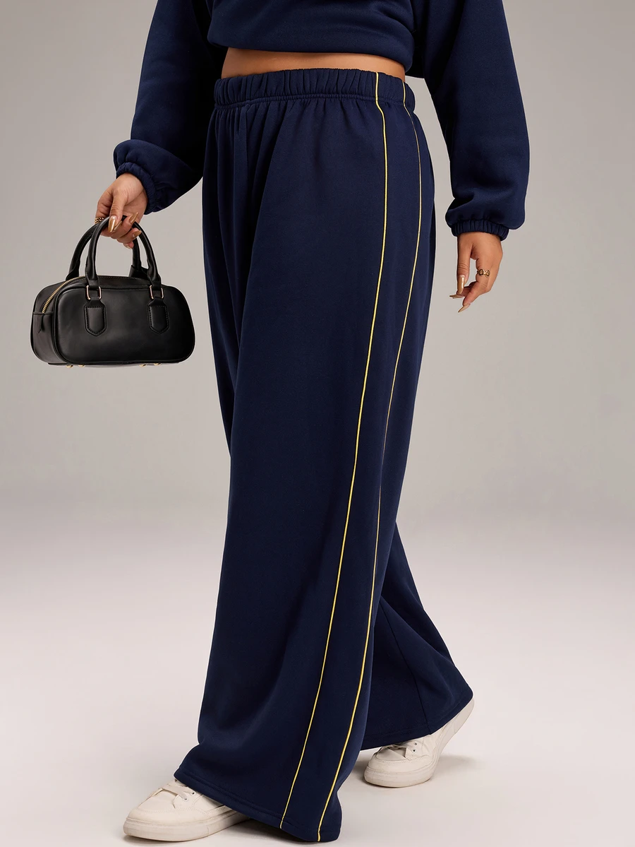 EMERY ROSE Plus Size Striped Colorblock Loose Pants For Daily Wear - Navy Blue - View 1