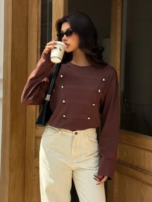 Serisse Kaos Wanita Kasual Musim Gugur Lengan Panjang Leher Bulat Bahu Jatuh Napoleon Detail Kancing Logam Panel Kontras Potongan Longgar Warna Cokelat Kopi - Coklat - View 8