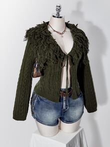 SHEIN ICON Plus Size Y2K Knit Top With Turn-Down Collar, Fur Trim And Tassel - Army Green - View 6