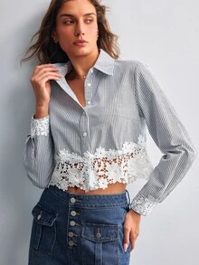 Willow Rêve Women's Blue Striped Embroidered Hem Short Blouse - Blue and White - View 1