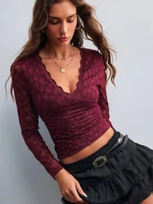 Willow Rêve Women's Deep Red V-Neck Long Sleeve Lace Top - Red Violet - View 7