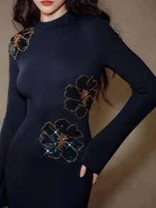 Anewsta Elegant French Style Demure Party Versatile Inner Layer Semi-High Neck Long Sleeve Sequin Floral Knit Contrast Lace Women's Long Dress - Navy Blue - View 1
