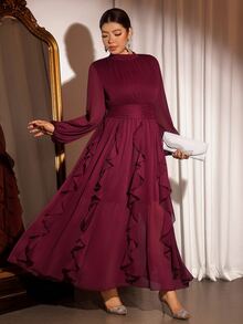Cravure Gaun Pesta Elegan Ukuran Plus untuk Wanita, Cocok untuk Acara Perjamuan, Ulang Tahun, Kencan, Lengan Panjang dengan Hiasan Rumbai di Bagian Bawah. - Red Violet - View 6