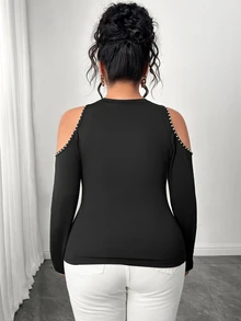 Elenzga Plus Size Elegant Cold Shoulder Beaded Black Long Sleeve Round Neck Top, Party Elastic T-Shirt - Black - View 2