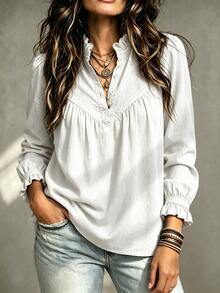 SHEIN Women's Fashion Blue Denim Effect Ruffle Collar Gathered Sleeve Loose Fit Versatile Shirt, Suitable For Daily Wear, Commuting, Casual Dating - White - View 4