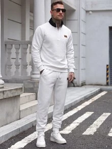 Manfinity Homme 男士針織提花紋理純黑色領口白色拉鍊商務休閒老錢風套頭衛衣套裝 - 白色 - 查看 1