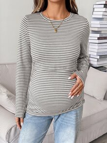 SHEIN 女款條紋圖案長袖圓領舒適居家穿著上衣 - 灰色 - 查看 3