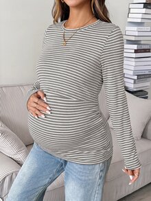 SHEIN 女款條紋圖案長袖圓領舒適居家穿著上衣 - 灰色 - 查看 5