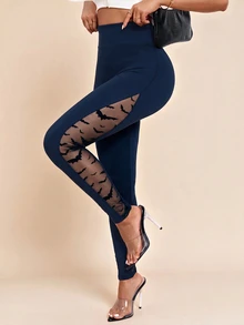 SHEIN Clasi Women's Solid Color Mesh Patchwork Elastic Knit Leggings - Navy Blue - View 3