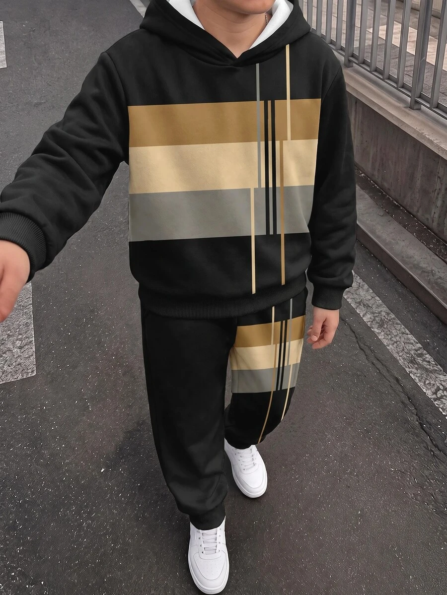 秋冬復古條紋印花,青少年男孩休閒極簡長袖連帽衛衣舒適運動衫 2件套,適合秋冬穿著 - 彩色 - 查看 1