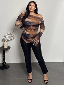 Firerie Plus Size Women's Autumn/Winter Abstract Print Asymmetric Shoulder Ruched T-Shirt - Multicolor - View 5